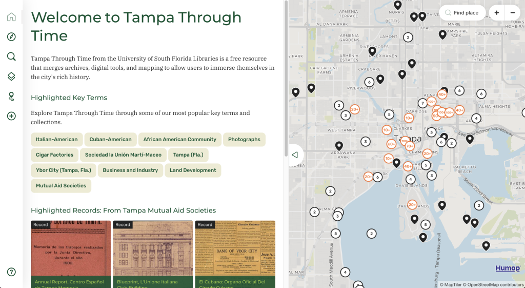 screenshot of the tampa through time portal shows a map of places of interest and keywords related to content found within the portal